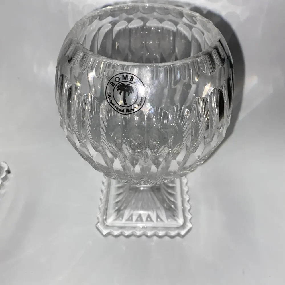 New Bombay 24% Lead Crystal Poland 2 Ribbed Glass Pedestal Centerpiece Candle